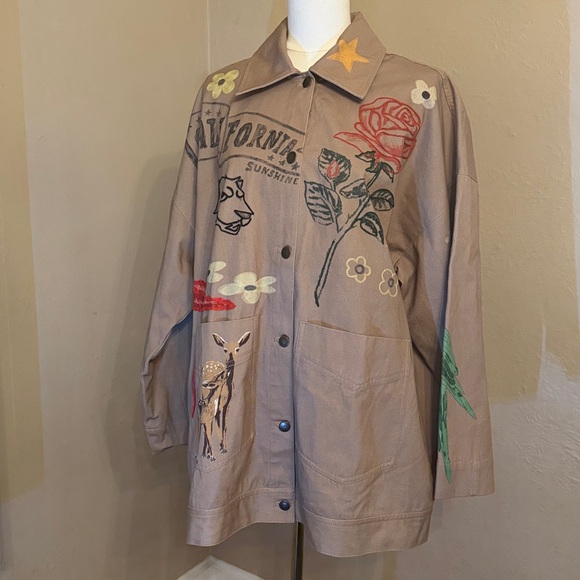 Free People S Charm Me Chore Jacket Tan Denim Embroidered Doodles Birds - Picture 2 of 12